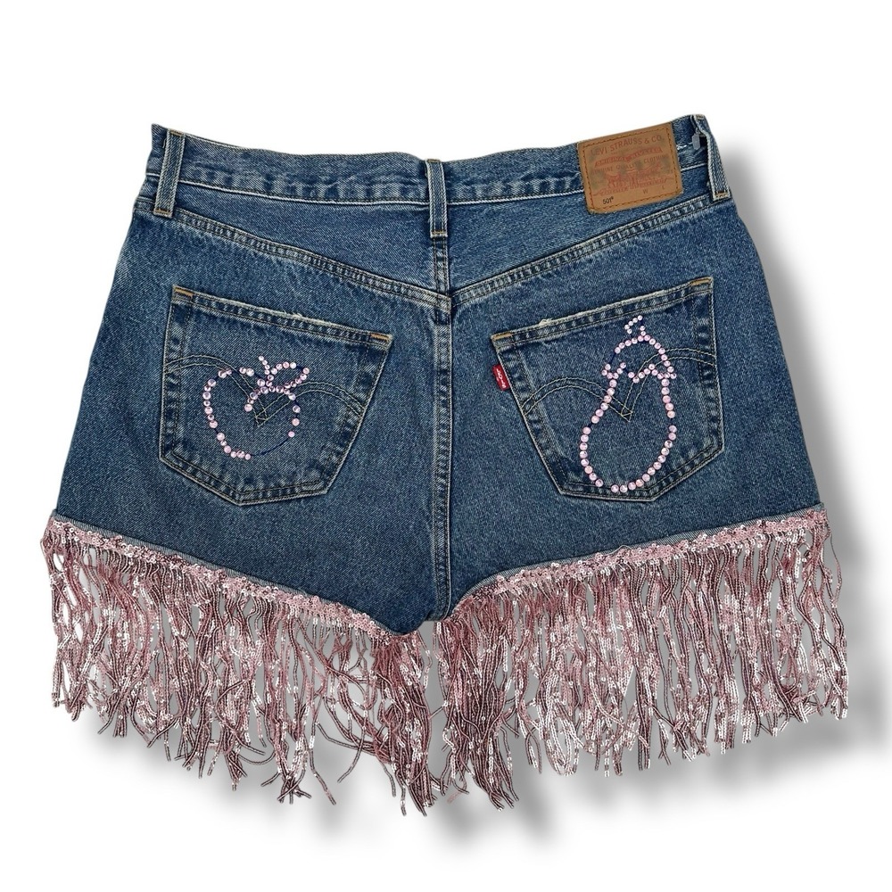 Levi's 501 Premium Custom Cutoff Shorts W30 Rhinestone Fringe Festival Y2K Denim - Picture 3 of 13